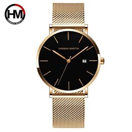 Japan Quartz Calendar Movement Ultra Thin Classic Golden Black Stainless Steel Band Waterproof Men's Top Brand Luxury Watches 210527