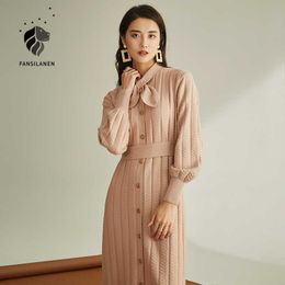 FANSILANEN Elegant pink knitted sweater dress Women lantern sleeve long vintage Autumn winter bow bandage office 210607