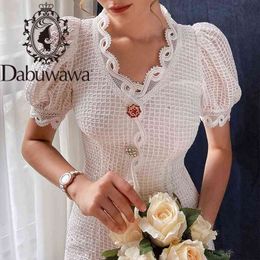 Dabuwawa Exclusive Elegant White Summer Dress Women Puff Sleeve Single Breasted V-Neck Streetwear Dress Ladies DO1BDR060 210520