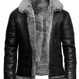 Mens Jacket Winter Warm Thick Fleece Leather Fashion Turn-down Collar Motorcycle Woollen Outerwear 211126