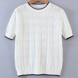 Summer Style Female Small Fragrance Retro Sweet And Loose Hollow Love Round Neck Short-Sleeved Sweater 210520