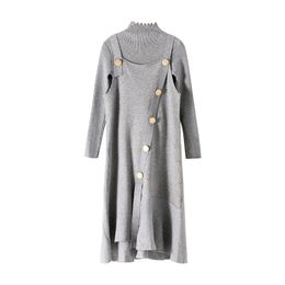 Knitted Two Pieces Set Black Grey Yellow Stand Collar Long Sleeve Top Vest Sleeveless Solid Knee Length Dress T0308 210514