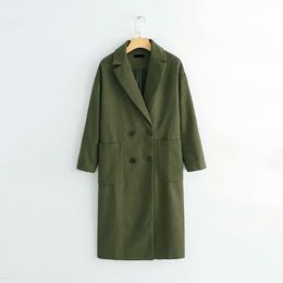 Stylish Elegant Women Green Woollen Coat Winter Fashion Thick Warm Long Blends Overcoat Casual Female Outerwear 210520