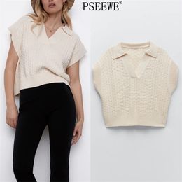 Beige Cropped Woman Sweater Vest Spring Fashion Polo Collar Sleeveless Knitted Female Preppy Vintage 210519