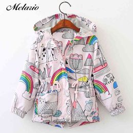 Melario Outwear&Coats Kids Coats Jackets Clothing Baby Girls Clothes Fashion Cartoon Brid&Flowers Print Hooded Outerwear 210412