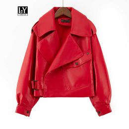 Ly Varey Lin Black Short Loose Pu Leather Jacket Autumn Faux Soft Female Streetwear Red Overcoat Biker 210526