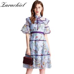 Summer Designer Flower Midi Women Lace Floral Stand Flare Sleeve Pearls Bow Dress Female Elegant Party Cute Dresses 210416