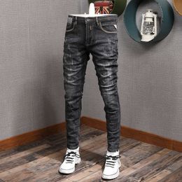 Italian Fashion Men Jeans Retro Black Grey Elastic Slim Fit Ripped Denim Trousers High Quality Streetwear Vintage Designer Pants