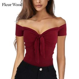 Fleur Wood Off Shoulder T -Shirts Women Short Sleeve Tops Sexy Deep V Neck Basic Solid Black Wine Lady Casual Tee Summer T- X0628