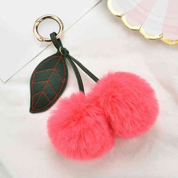 cherry balls UK - Plush Faux Fur Fruit Bag Car Pendant Cherry with Pu Leaves Hair Ball Key Ring Fashion Sweet Fluffy Pompon Keychain Women Gift