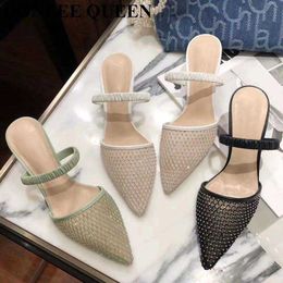 Elegant Women Slippers Slides Ladies Fashion Mesh Mules Shoes Pointed Toe High Heels Sandals Party Casual Dress Mujer 210715