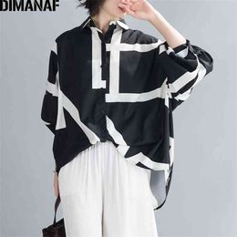 DIMANAF Summer Oversize Women Blouse Shirts Office Lady Tops Tunic Casual Loose Striped Batwing Sleeve Clothing Button Cardigan 210401