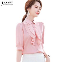 Ruffles Chiffon Women Half Sleeve Spring Fashion All-Match Temperament Blouses Office Ladies Formal Work Tops 210604