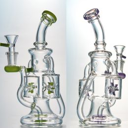 Spinning Propeller Percolater Double Recycler 8 Inch Hookahs 14mm Female Joint Glass Bong 4mm Thick Water Pipe Green Purple Pipes Oil Dab Rigs