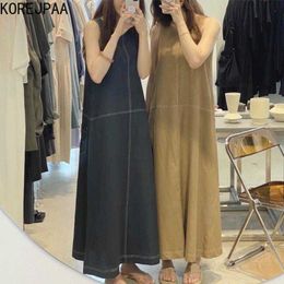 Korejpaa Women Dress Summer Korean Chic Retro Casual Round Neck Open Line Design Loose Versatile Sleeveless Vest Vestidos 210526