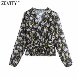 Zevity Women Vintage Ruffles V Neck Floral Print Blouse Retro Office Ladies Long Sleeve Shirts Chic Femme Blusas Tops LS7326 210603