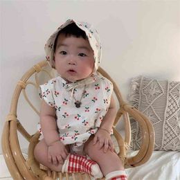 summer printing born baby Siamese Romper climbing clothes + hat girl 210515