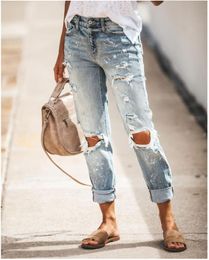 Denim pants jeans summer street fashion casual zipper Make old wash personality straight tube waist hole slim print women trousers
