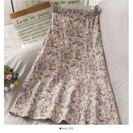 Spring Women's Vintage Chiffon Midi Skirt Korean Style Summer Kawaii Black Floral A-Line High-Waisted Female 210514
