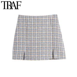 TRAF Women Chic Fashion Front Slits Tweed Mini Skirt Vintage High Waist Side Zipper Female Skirts Mujer 210415