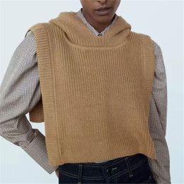 BLSQR Fashion Solid Knitted Waistcoat Women Vintage Hooded Female Vest Sweater Crop Pullover Chic Tops 210430
