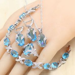 Sky Blue Semi-precious Silver Color Jewelry Sets with Bracelet For Women Necklace Pendant Earrings Ring Birthday Gift Jewelry H1022