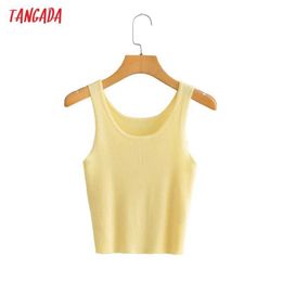 Tangada Summer Women Yellow Crop Tank Top Sleeveless Backless Female Knit Tops BC43 210609