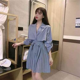 Spring Autumn Women's Dress Korean Pure Colour Suit Collar Long Sleeve Waist Short Female Fake Two Piece es LL662 210506