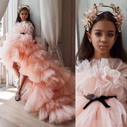 2021 High Low Tiered Tulle Flower Girls Dress Girl Pageant Dresses Long Layered Blush Pink Ruffles Kids Birthday Gowns Vestidos With Black Sashes