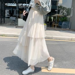 Skirts Korean Chic Women Sweet Long Party Skirt High Waist Black White Apricot Gray Mesh Spring Summer Elegant Tulle Midi