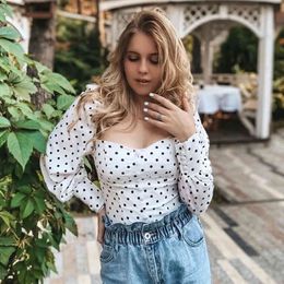 polka dot vintage blouse tops women sexy backless bowknot crop tops chic puff sleeve white blouse shirts 210415
