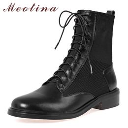 Autumn Ankle Boots Women Natural Genuine Leather Square Heels Short Lace Up Round Toe Shoes Ladies Size 34-39 210517