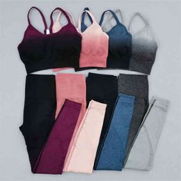 Ombre Seamless Yoga Set Women Fitness Clothes Sportswear Bra High Waist Gym Leggings 2 Piece Workout Suit 210802