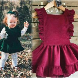 Toddler Girls Princess Dress Kids Baby Party Wedding Pageant Solid Colour Corduroy Dresses Q0716