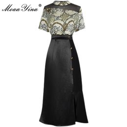 Summer Women's High Street Slim Mermaid Dresses Fashion Printed Short sleeve Splicing waist Black Midi Dress 210524