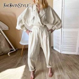 TWOTWINSTYLE Casual Solid Two Piece Set For Women Notched Long Sleeve Coat High Waist Straight Pants Female Sets Stylish 210709