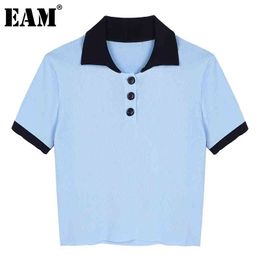 [EAM] Women Blue Knitting Big Size Short Casual T-shirt Polo Collar Short Sleeve Fashion Spring Summer 1DD726001 210512