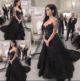 Full Black Wedding Dresses Long 2021 Gothic robe de marieeSpaghetti Straps Lace Wedding Gowns Handmade Formal Bride Dress2306