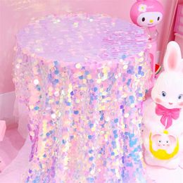 Pink Imitation Mermaid Scale Dreamy Round Sequins Tablecloth Background Cloth Laser Shiny Shooting Decorative 211103