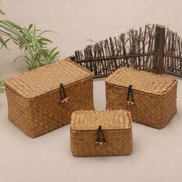 Rattan Weave Storage Box With Lid For Bulk Products Sundries Organizer Seaweed Vintage Straw Basket Container Jewelry Wicker 210330