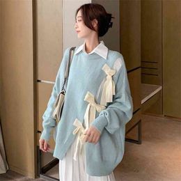 Ladies Spring And Autumn Round Neck Sweater Loose Large Size Apricot Bow Tie Long-sleeved Knitted Tops ZT764 210427