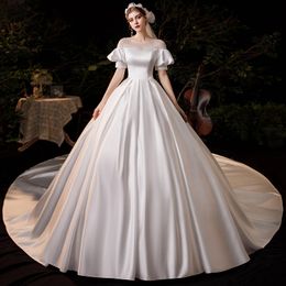 Сатиновое главное свадебное платье 2022 Новый однопольный темперамент невесты Сен простой Hepburn длинная хвост юбка
