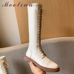 Winter Long Boots Women Natural Genuine Leather Flat Knee High Lace Up Round Toe Shoes Female Autumn Size 39 210517