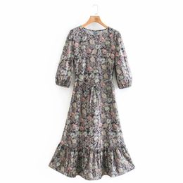 Spring Women Vintage Flower Print Ruffled Hem Midi Dress Female Lantern Sleeve Clothes Lady Loose Vestido D7295 210430