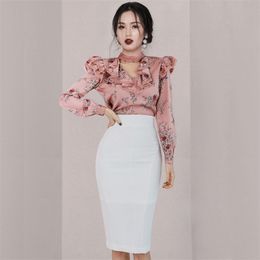 Women Spring Sexy OL Work Wear 2 Pieces Set Ruffles Flowers Long Sleeve Blouses & High Waist White Bodycon Pencil Skirt Sui 210519