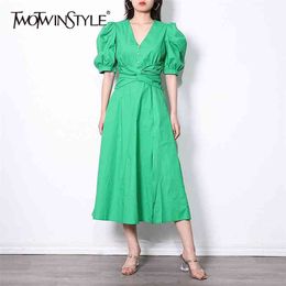 Elegant Green Dress For Women N Neck Puff Short Sleeve Hollow Out Tunic Maxi Dresses Female Summer Fashion 210520