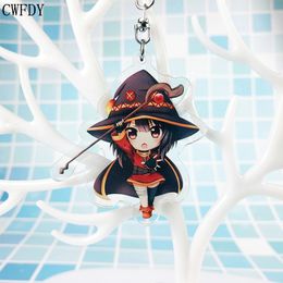 New Konosuba Keychain Woman Anime Megumin Aqua Darkness Yunyun Kazuma Arcylic Key Chain Jewelry For Kids Gifts Metal Chaveio