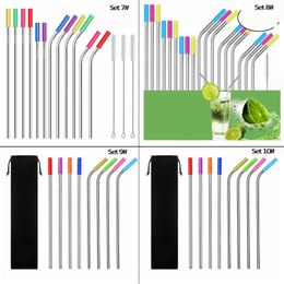 Stainless Steel Straw Set Cold Drink Milk Tea Straws Silicone Non-slip Cover With Cup Brush Party Bar Decor Drinkware BH5779 WLY