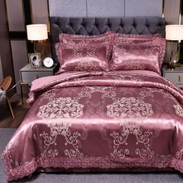 Bedding Sets Drop Wedding Duvet Cover Set Grey Golden Jacquard Lace Flat Sheet Pillowcase 4pcs European Luxury Bean Paste