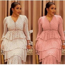 Women Polka Dot Cake Dress V Neck Long Sleeve High Waist Elegant African Fashion Female Plus Size Spring Summer Clothes 210416